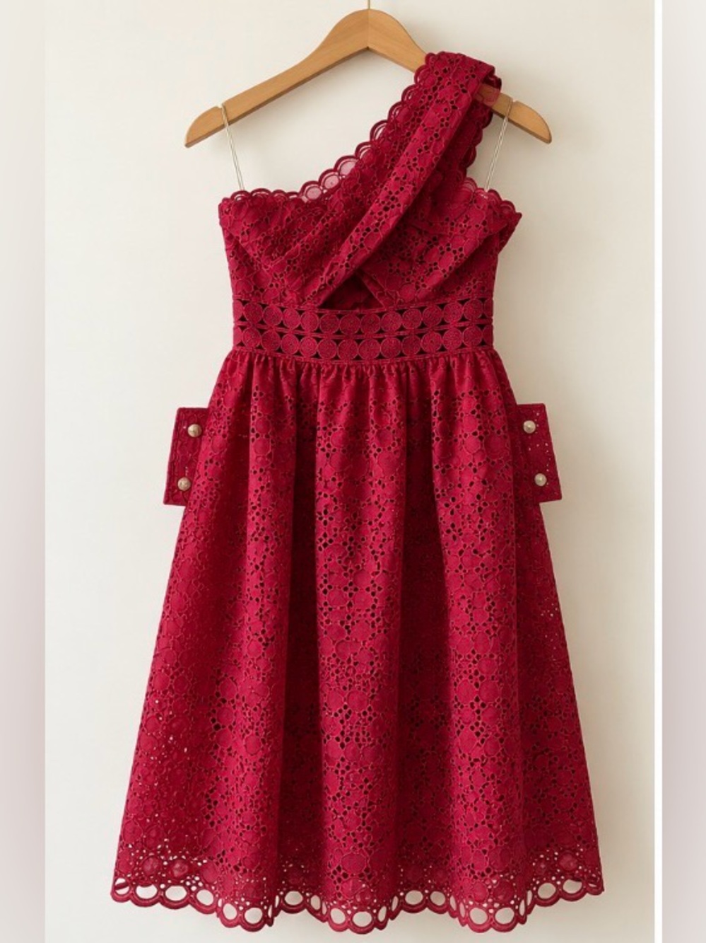 Self-Portrait One-Shoulder Lace Dress in Burgundy
